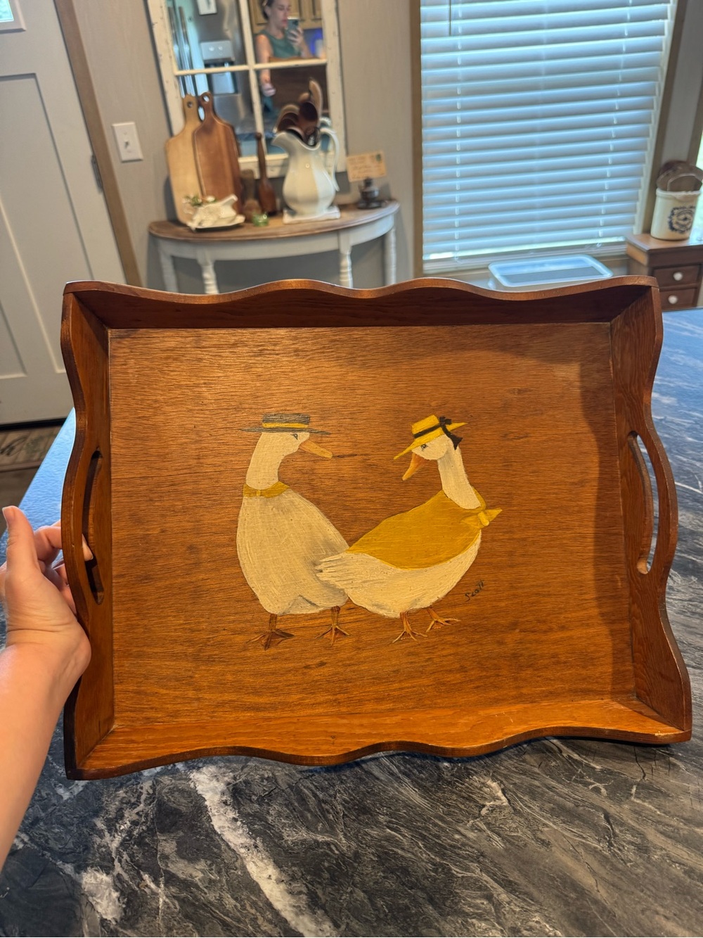 Vintage Hand-Painted Wooden Duck or Goose Serving Tray